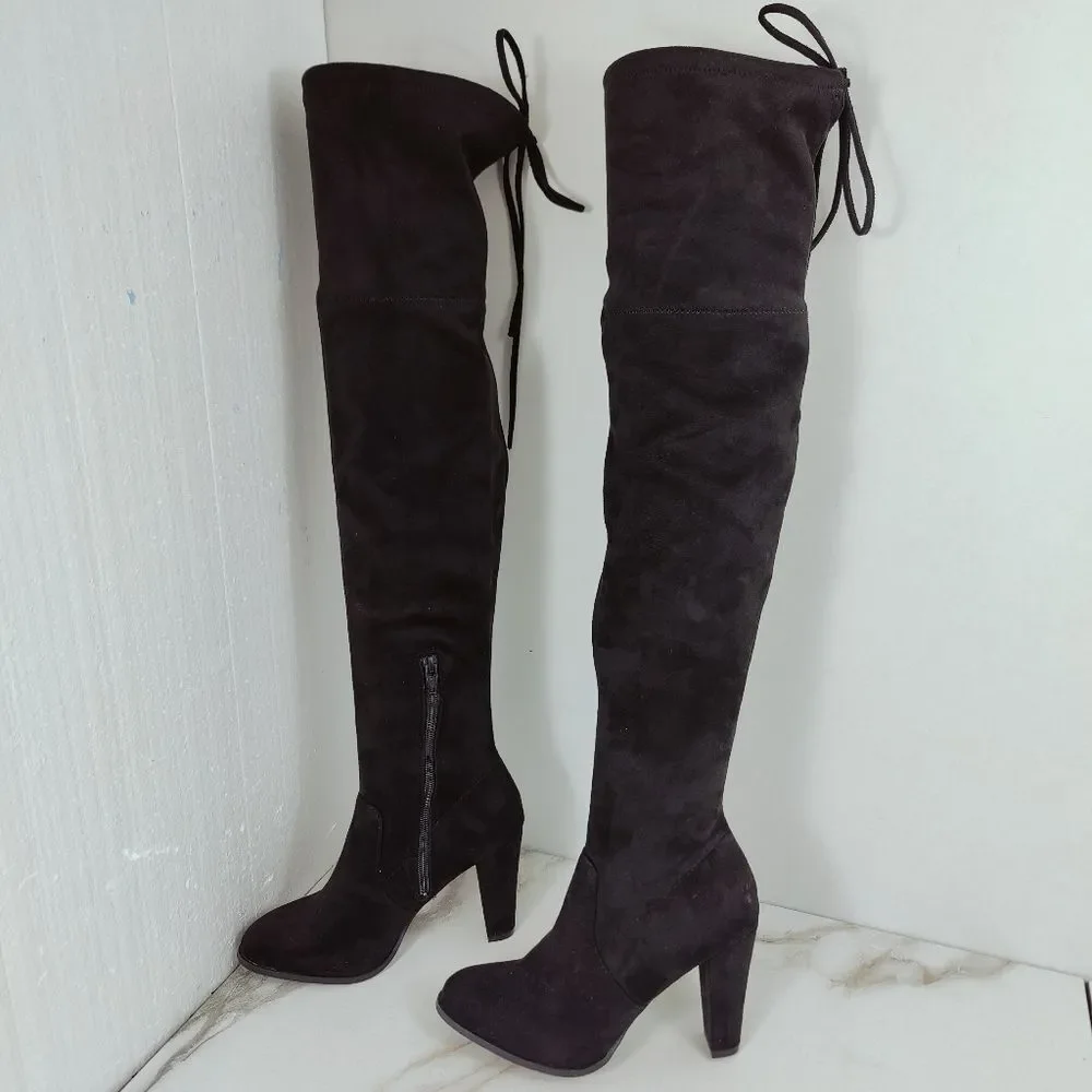 A New Day Black Microsuede Over The Knee Heeled Boots, Sz 7